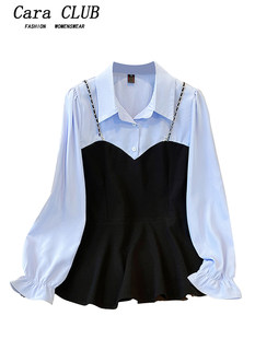 Синяя модная элегантная милая рубашка, большой размер, осенняя, облегающий крой