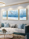 Декоративная живопись для гостиной, скандинавское побережье, диван, фон, настенная живопись, современный минималистичный морской пейзаж, триптих, атмосферная настенная живопись