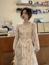 Женское платье 南瓜谷 奥黛丽的春天~裙子女春长袖碎花轻薄温柔雪纺连衣裙 l0574 Naguagu