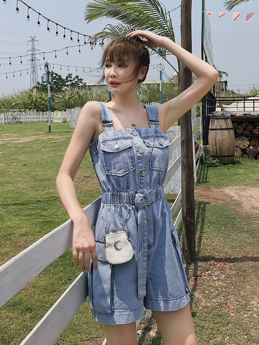 Летний комбинезон, приталенный топ без лямок, боди, подтяжки, шорты, штаны, сезон 2021, в корейском стиле, свободный крой, высокая талия