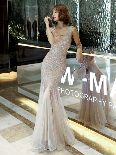 Вечернее платье, элитная элегантная длинная юбка, цвета шампанского, 2019, крой «рыбий хвост», по фигуре