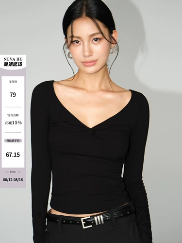 Черный лонгслив, рубашка, весенняя элегантная футболка, V-образный вырез, облегающий крой