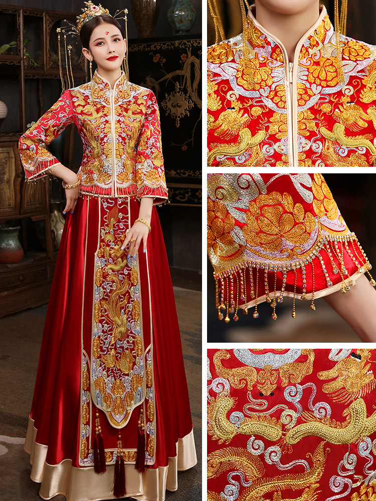 Suhe traditional wedding dress, evening dress, 2021 collection, with embroidery, dragon and phoenix