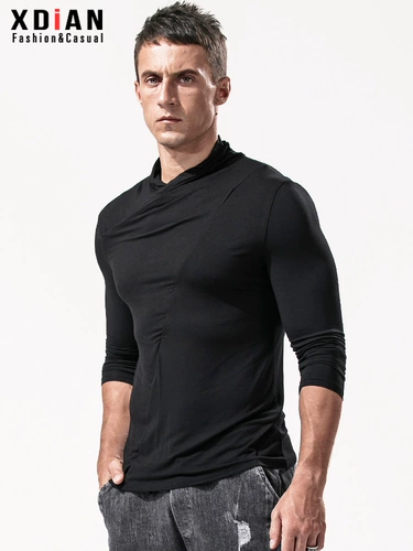 Мужской демисезонный приятный телу лонгслив, V-образный вырез, в обтяжку, высокий воротник