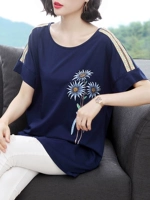 Длинная футболка, летняя одежда для матери, хлопковый топ, 2020, большой размер, средней длины, короткий рукав, в корейском стиле