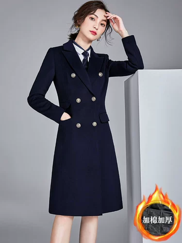 Длинное демисезонное черное шерстяное пальто для работы, средней длины, увеличенная толщина