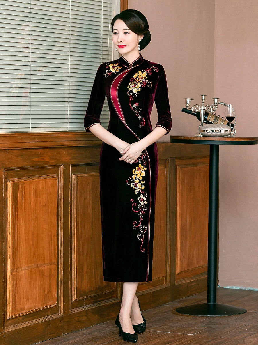 Spring velvet retro cheongsam for mother, evening dress, for middle age, western style