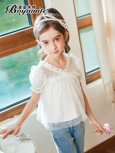 Кружевная шелковая летняя одежда, детская белая летняя приятная телу футболка, коллекция 2021, в западном стиле, короткий рукав, V-образный вырез, высокий воротник