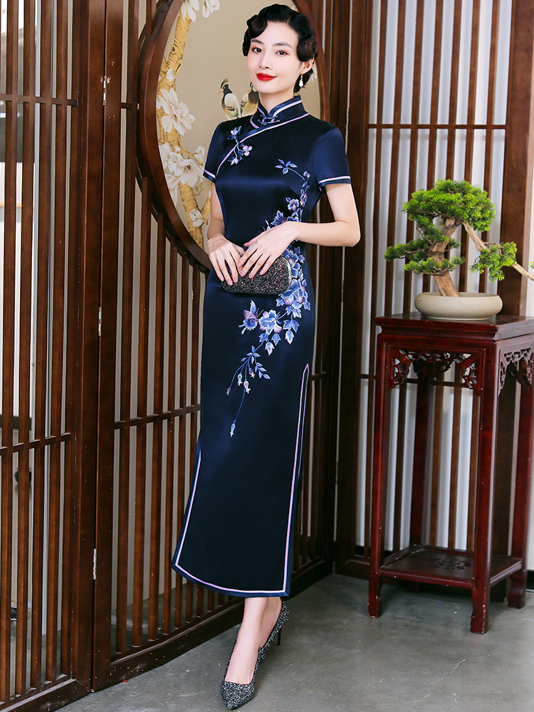 华族经典 Elite silk long elegant cheongsam, custom made, for middle age