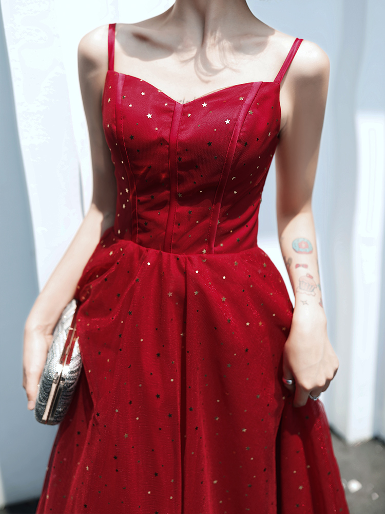 Summer burgundy evening dress for bride, lifting effect