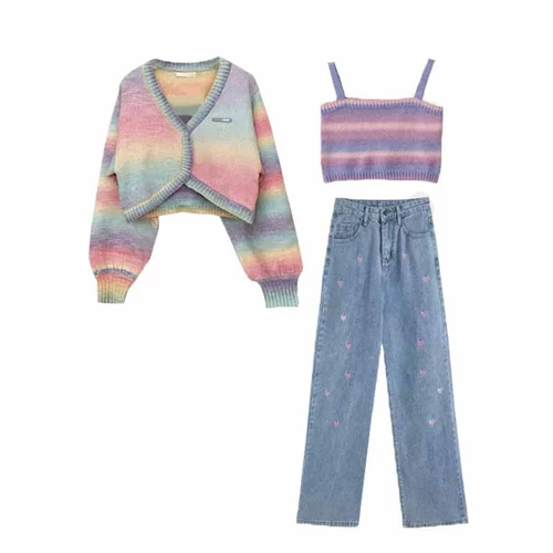 Модный сексуальный кардиган, жилет, джинсы, комплект, осенний, 3 предмета