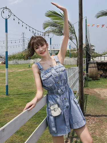 Летний комбинезон, приталенный топ без лямок, боди, подтяжки, шорты, штаны, сезон 2021, в корейском стиле, свободный крой, высокая талия