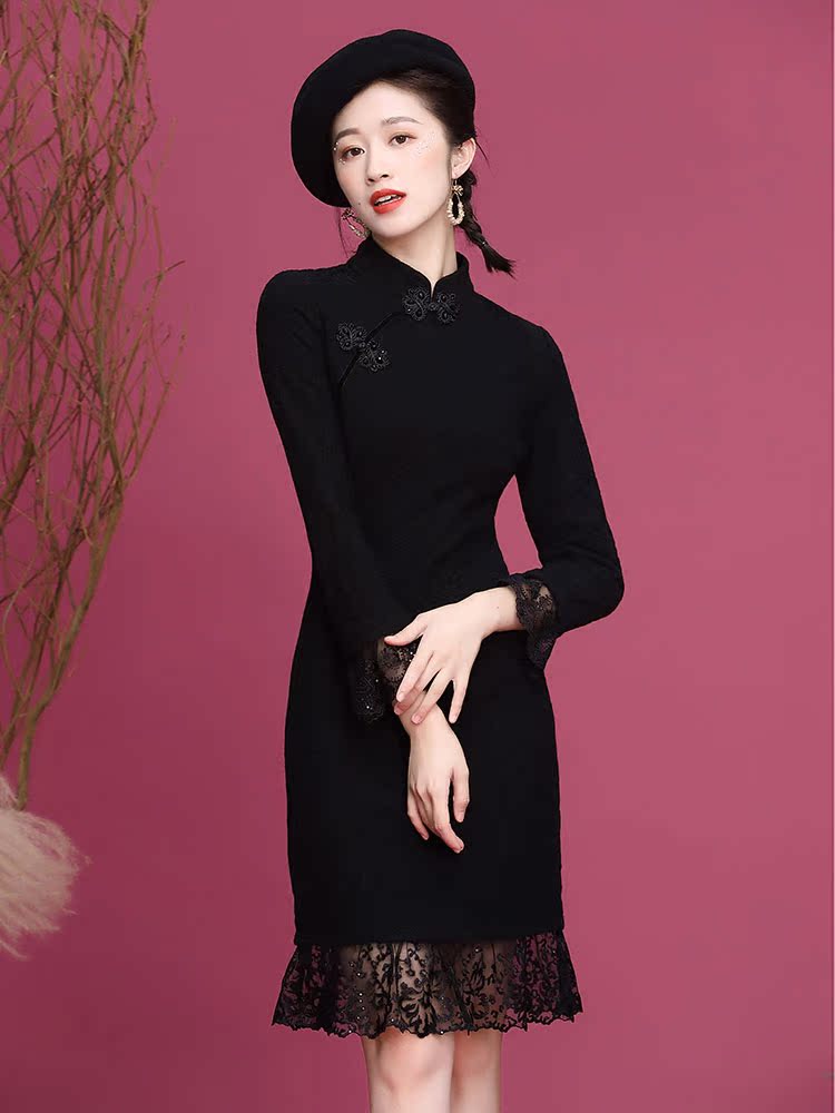 Demi-season elite modern long black cheongsam, 2020 years, city style, long sleeve