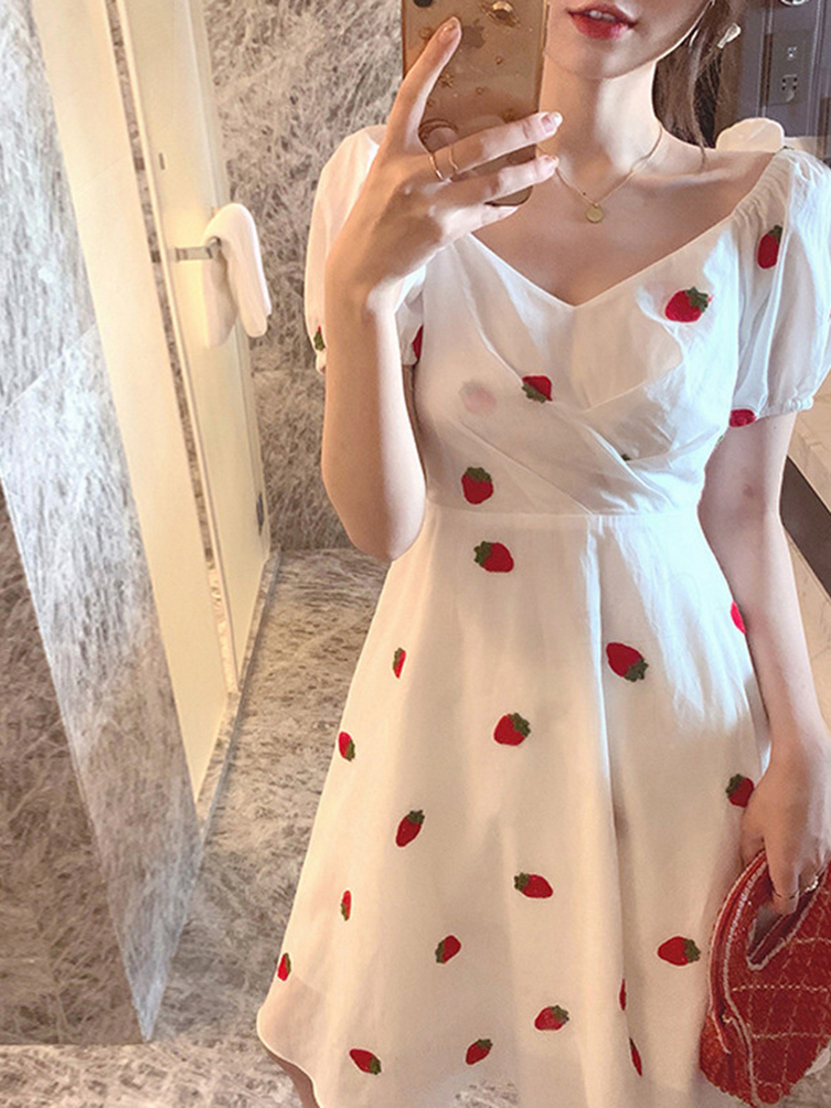 拍帛莉 Brand skirt, dress, puff sleeves, with short sleeve, V-neckline, suitable for teen