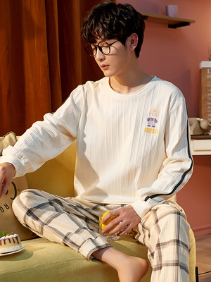 taobao agent Autumn pijama, sleeves, men's cotton summer set, long sleeve, plus size, suitable for teen