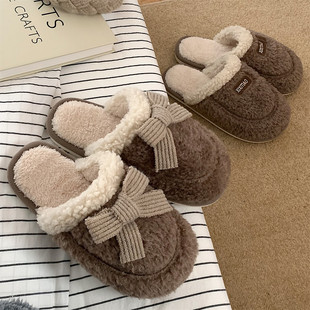 Korean fashion couple over antique style plush warm family shoes for women winter indoor non-slip toe hat cotton slippers for men