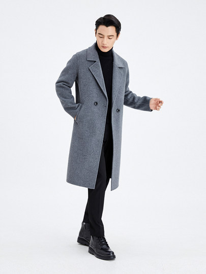 Abrigo de lana pura de doble cara para hombre, abrigo de lana de oveja de doble cara hasta la rodilla de longitud media, cortavientos de lana con cuello de traje