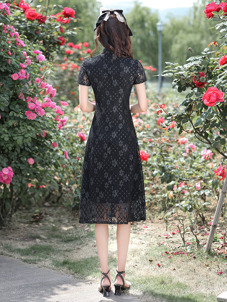 Black lace summer cheongsam, lightweight dress, 2021 collection, oversize
