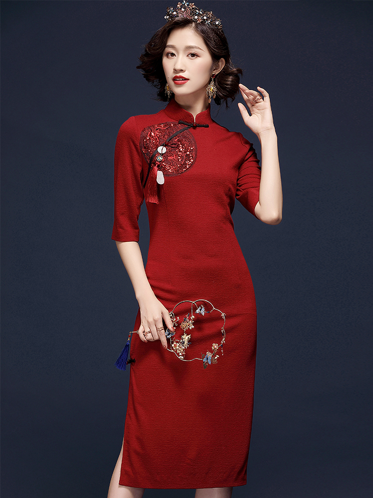 Lightweight cheongsam, retro knitted dress, autumn