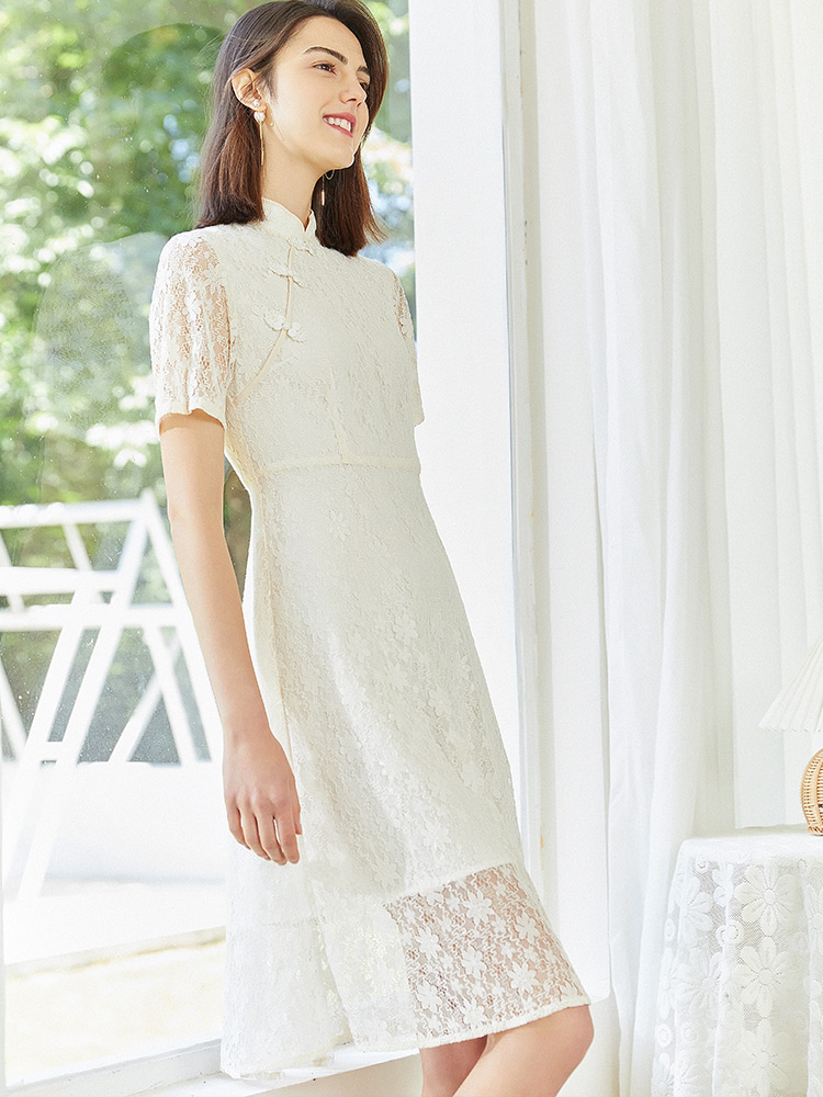 White lace dress, summer retro cheongsam, skirt, 2021 years, city style