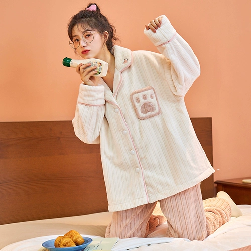 Демисезонная пижама, коралловый комплект, фланелевый кардиган, увеличенная толщина, популярно в интернете