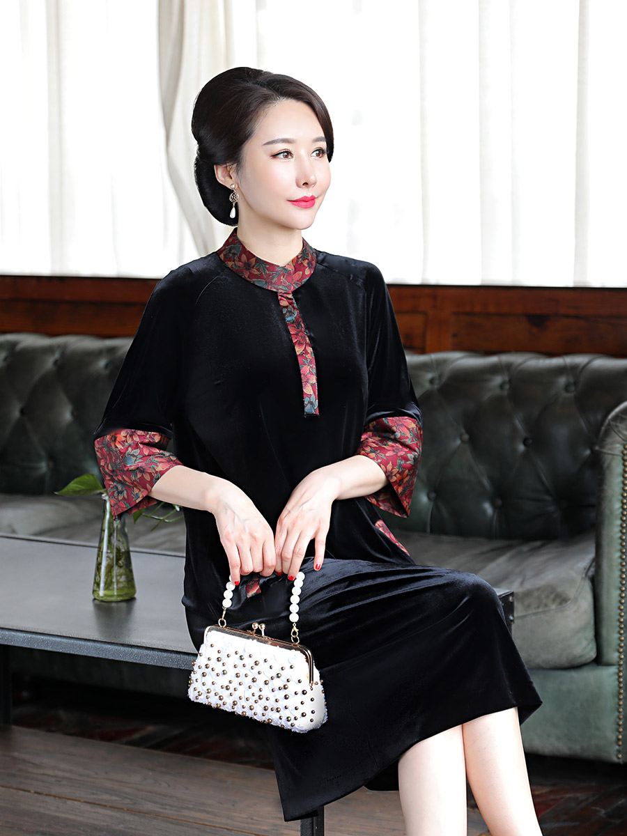 Velvet cheongsam for mother, dress, for middle age, plus size, western style, fitted