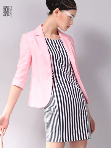 Осенний демисезонный комплект, розовая небольшая куртка, облегающий крой, из хлопка и льна