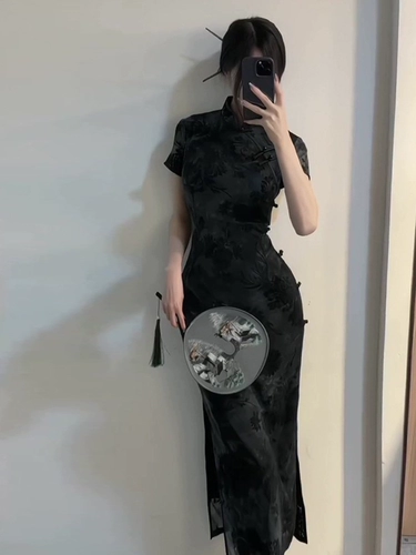 Королевское черное ципао, китайский стиль, осеннее