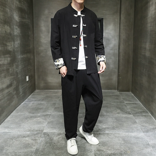 Комплект, ханьфу, этническая куртка, китайский стиль, из хлопка и льна, оверсайз