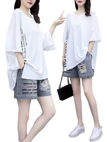 Летний хлопковый комплект, футболка, джинсовая юбка, оверсайз