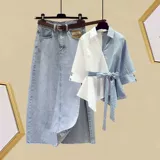 Летний пиджак классического кроя, рубашка, джинсовая юбка, комплект, костюм