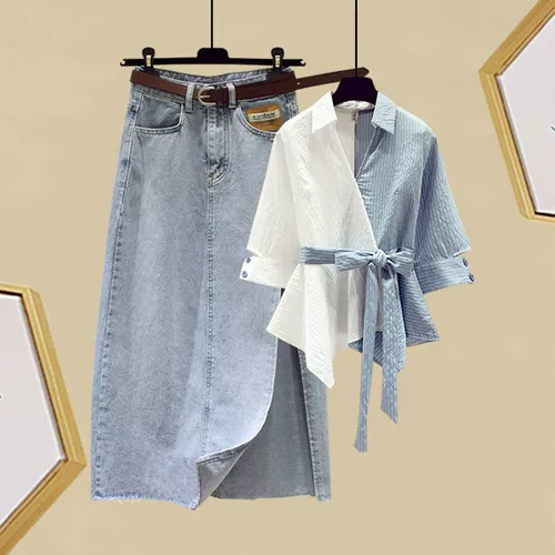 Летний пиджак классического кроя, рубашка, джинсовая юбка, комплект, костюм