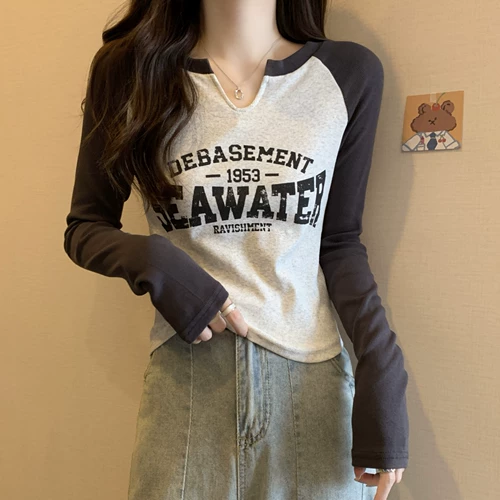 Осенняя футболка больших размеров с маленькими рукавами реглан, женская футболка с принтом на правое плечо, тонкая рубашка с длинным рукавом, внутренняя верхняя нижняя рубашка