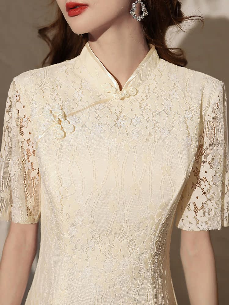 Lightweight cheongsam, short mini-skirt, dress, skirt, 2021 years, light style, Chinese style, champagne color, suitable for teen