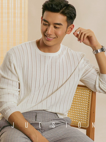 Мужской летний тонкий лонгслив, трикотажный свитер, свободный крой, защита от солнца, круглый воротник