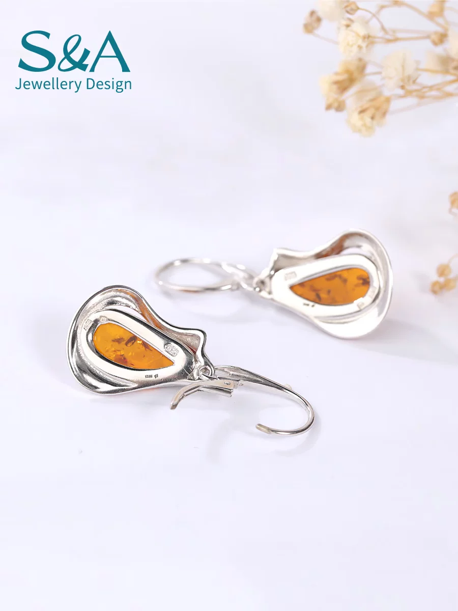 Серьги Amber S&A, модная вставка из камня, европейский стиль, образец серебра 925, с драгоценным камнем