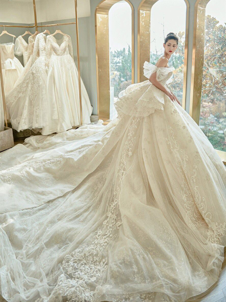 Elite wedding dress, 2023 collection, open shoulders, V-neckline, lace dress
