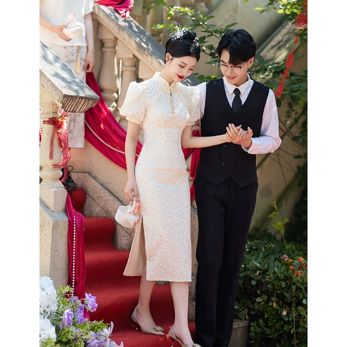 Свадебное платье, вечернее платье, ципао, китайский стиль, цвета шампанского, квадратный вырез