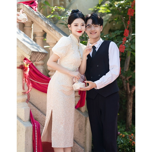 Свадебное платье, вечернее платье, ципао, китайский стиль, цвета шампанского, квадратный вырез