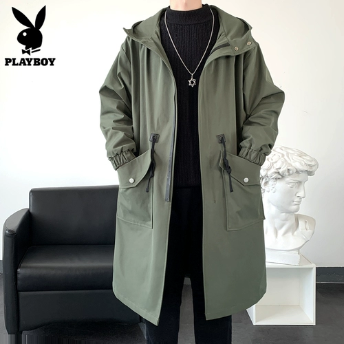 花花公子休闲风衣男士春季时尚中长外套新宽松英俊的黑色男士外套