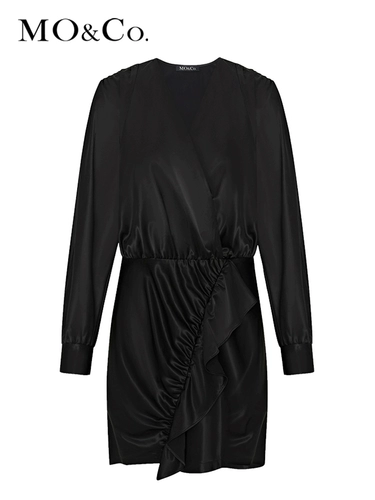 Anti -wrinke Series Moco2020 Осень нового продукта Lotus Leaf Edge Stitching Pu имитация кожаное платье Mo Anke