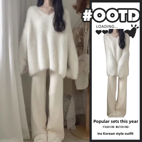 Белый цветной трикотажный свитер, демисезонный комплект, штаны