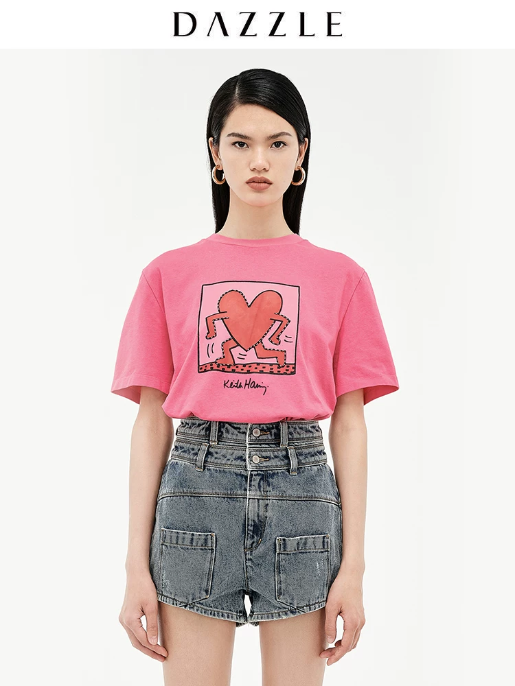 DAZZLE 2021 осень новый Keith Haring совместный принт бусины печати футболка женщины 2D3B3121Q