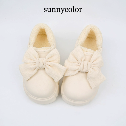 Зимняя милая обувь на платформе, флисовые тапочки с бантиком