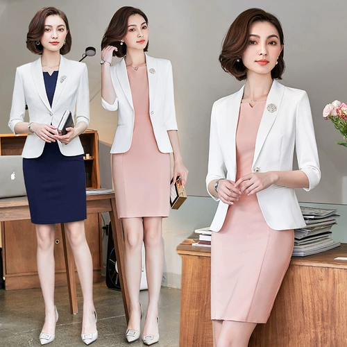 Элитный модный комплект, искусственное платье для работы, юбка, пиджак классического кроя, яркий броский стиль, для салонов красоты