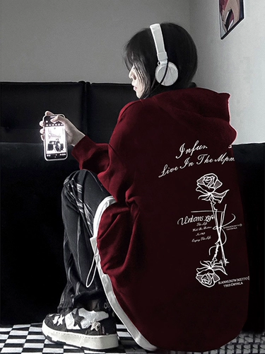 Бордовая осенняя куртка, толстовка с капюшоном, в американском стиле