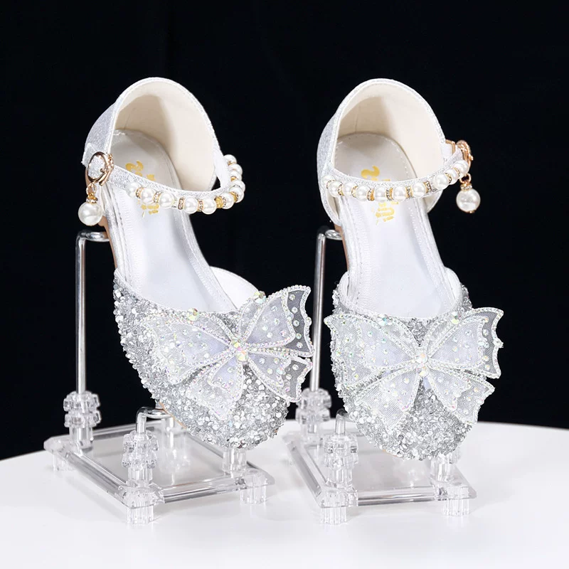 Детские хрустальные сабо‑туфли принцессы летние с rhinestones танкетка балетные туфли с бантом на каблуке высокого роста серебристые туфли для девочки под платье