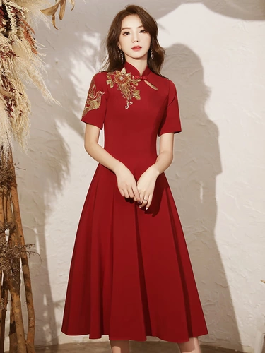 Вечернее платье для невесты, бордовое летнее ципао, юбка, китайский стиль, подходит для подростков