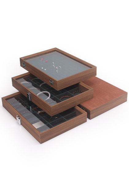 黑胡桃木耳环耳钉首饰箱项链饰品盒耳饰戒指透明玻璃收纳盒桌面