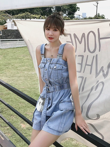 Летний комбинезон, приталенный топ без лямок, боди, подтяжки, шорты, штаны, сезон 2021, в корейском стиле, свободный крой, высокая талия